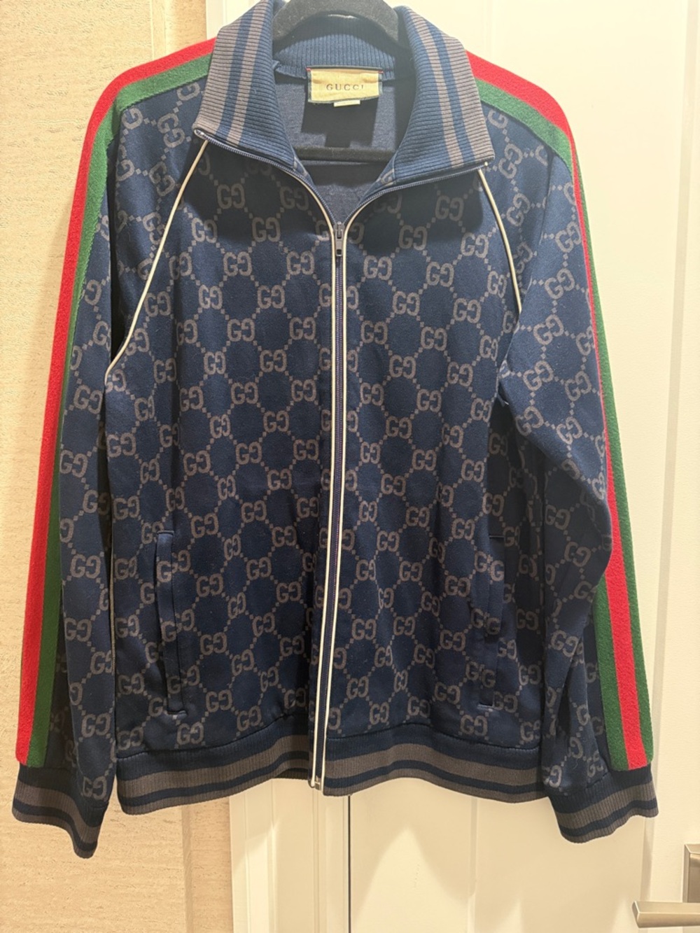 Gucci Blue GG Monogram Zip Track Jacket with Red & Green Stripes